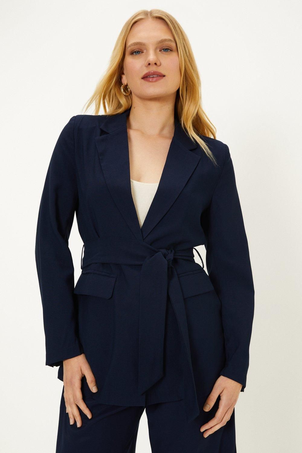 Oasis Linen Look Tie Detail Blazer Navy image 2