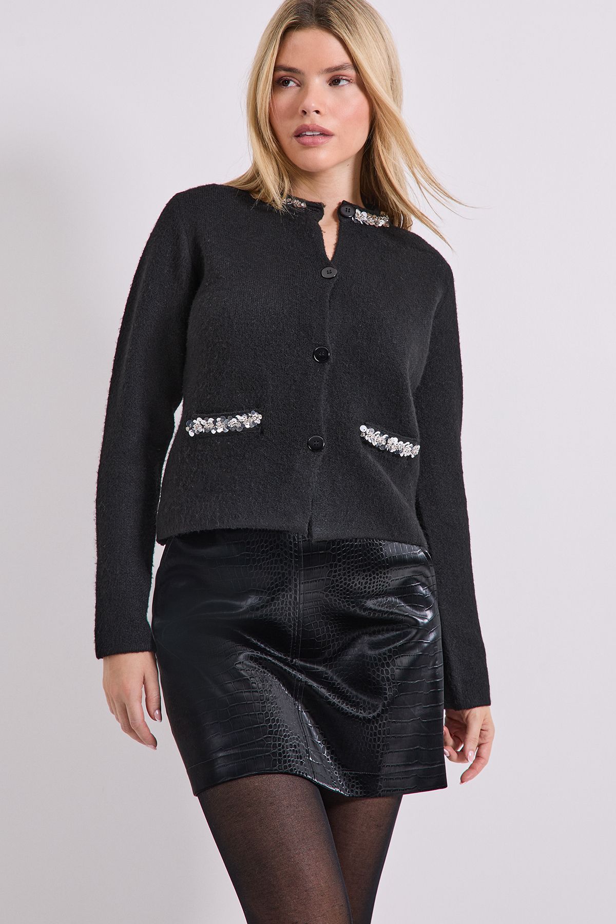 Dorothy Perkins Sequin Collar Knitted Cardigan Black image 2