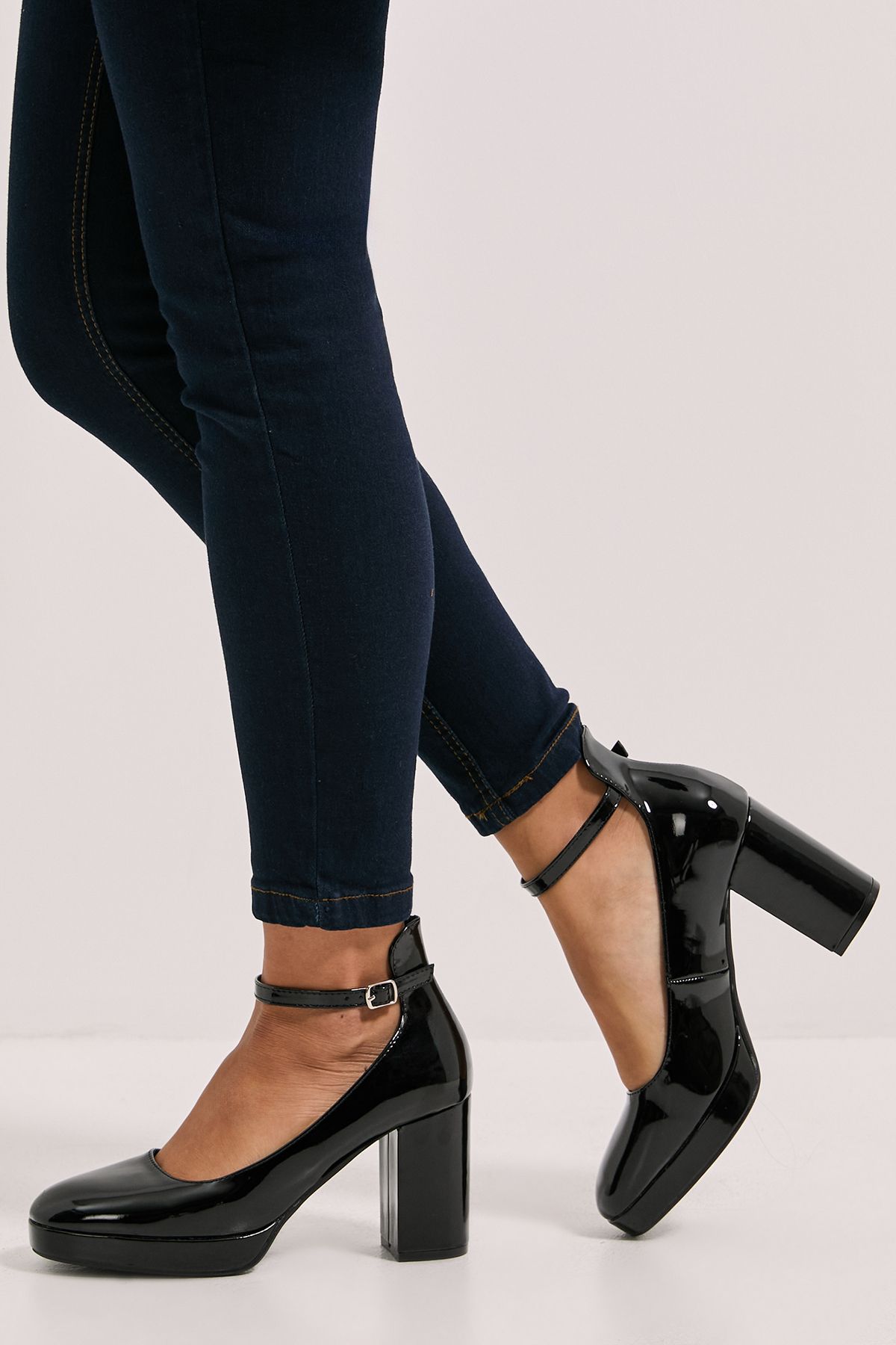 Dorothy Perkins Vanessa Faux Patent Leather Platform Ankle Strap High Block Heel Court Shoes True Black image 4