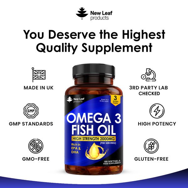 New leaf health Omega 3 2000mg Capsules - High Dose Fish Oil - Enriched with Vitamin E - One A Day Pure Fish Oil Gel Capsule - Helps Maintain Healthy Eyes, Brain Function, & Skin - GMO-Free, GMP, & UK Made image 4