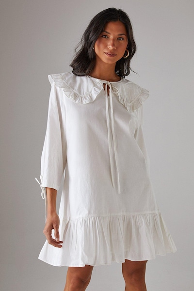 Warehouse Poplin Oversized Collar Tie Detail Mini Smock Dress White