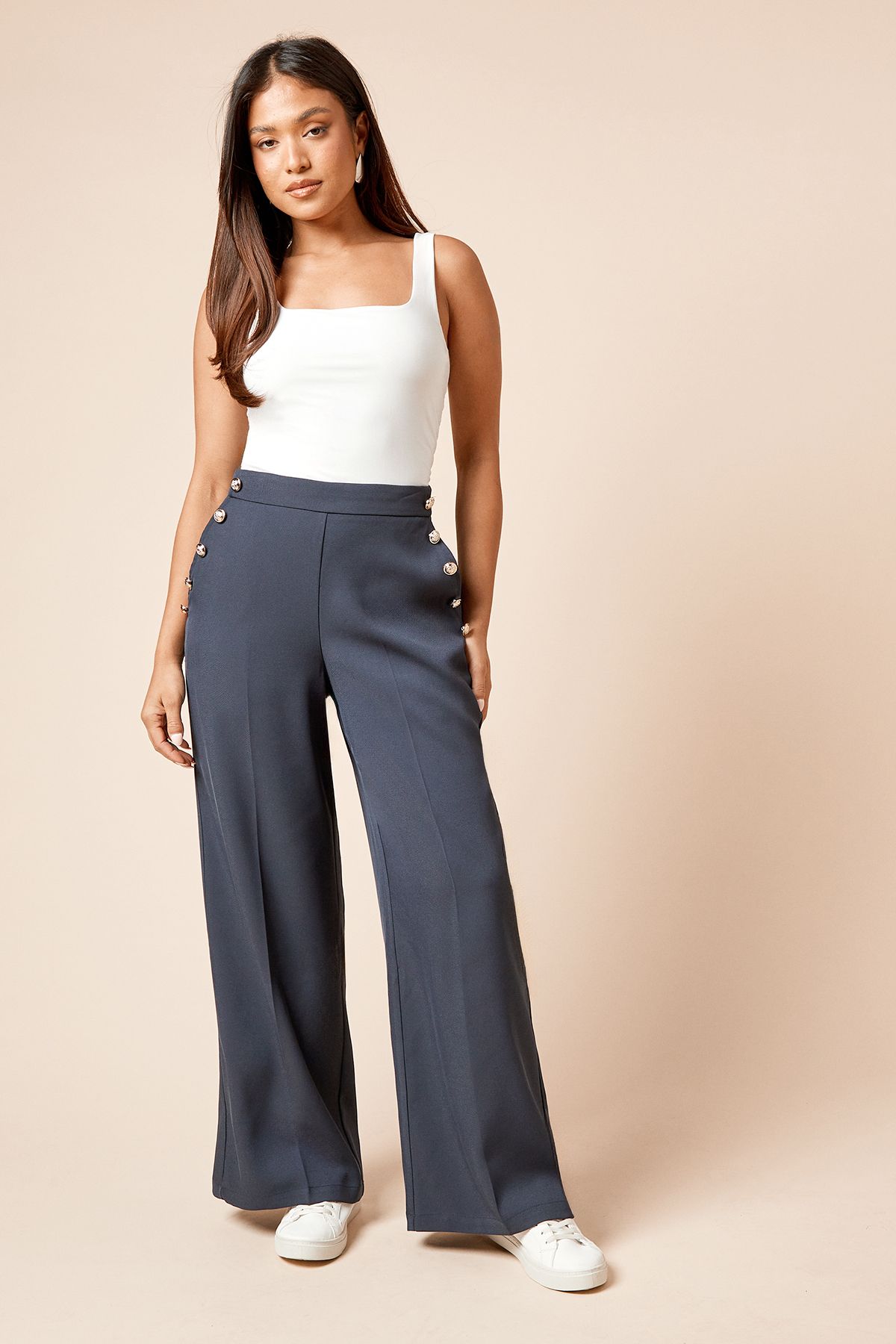 Dorothy Perkins Petite Military Button Detail Wide Leg Trouser Navy image 2