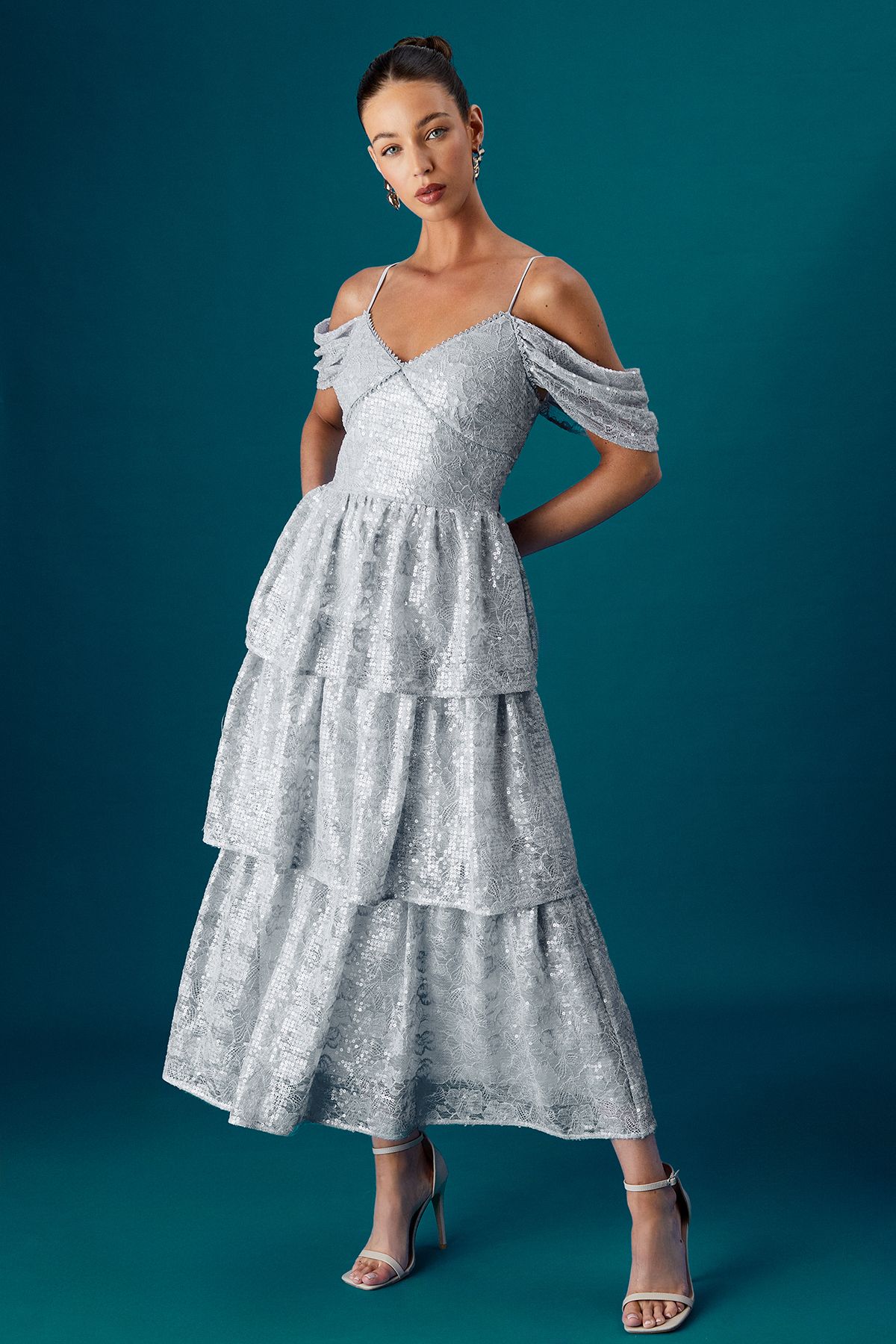 Coast Coast Muse Lace Sequin Tiered Dress Blue image 1