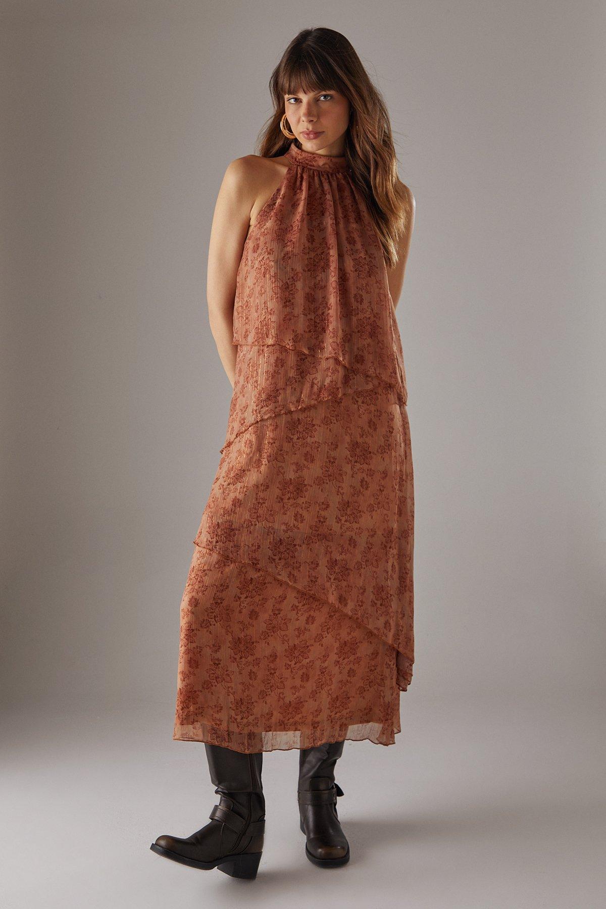 Warehouse Chiffon Halter Ruffle Layer Maxi Dress Rust image 1