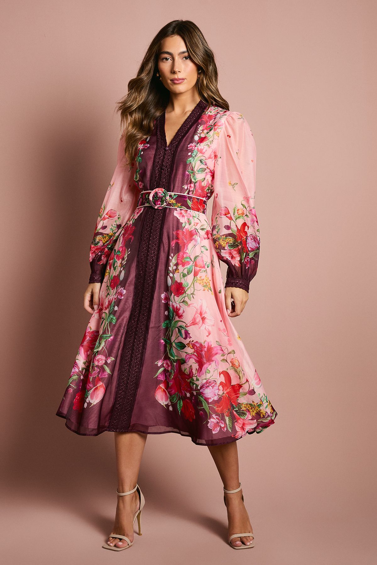 Coast Long Sleeve Organza Midi Dress With Belt Pink image 1
