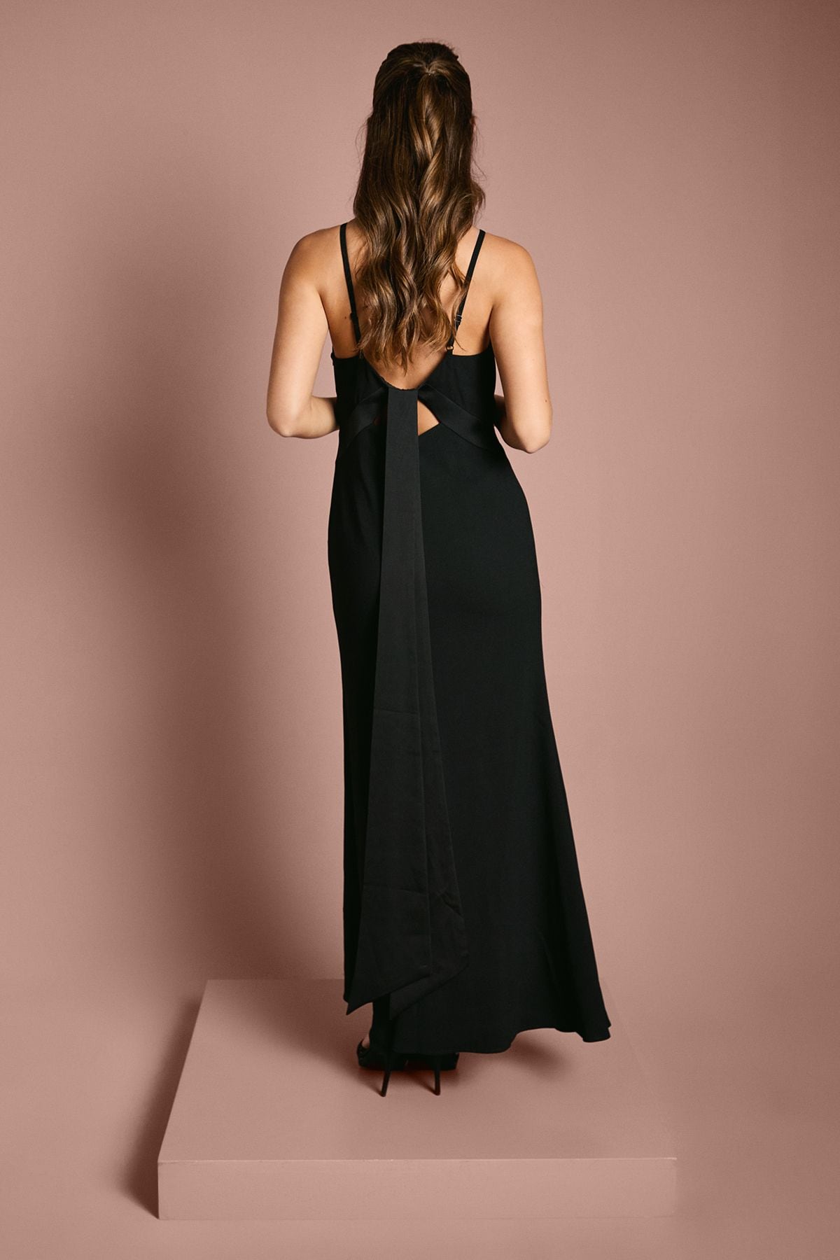 Coast Halter Maxi Bridesmaid Dress with Back Sash Detail Black image 3
