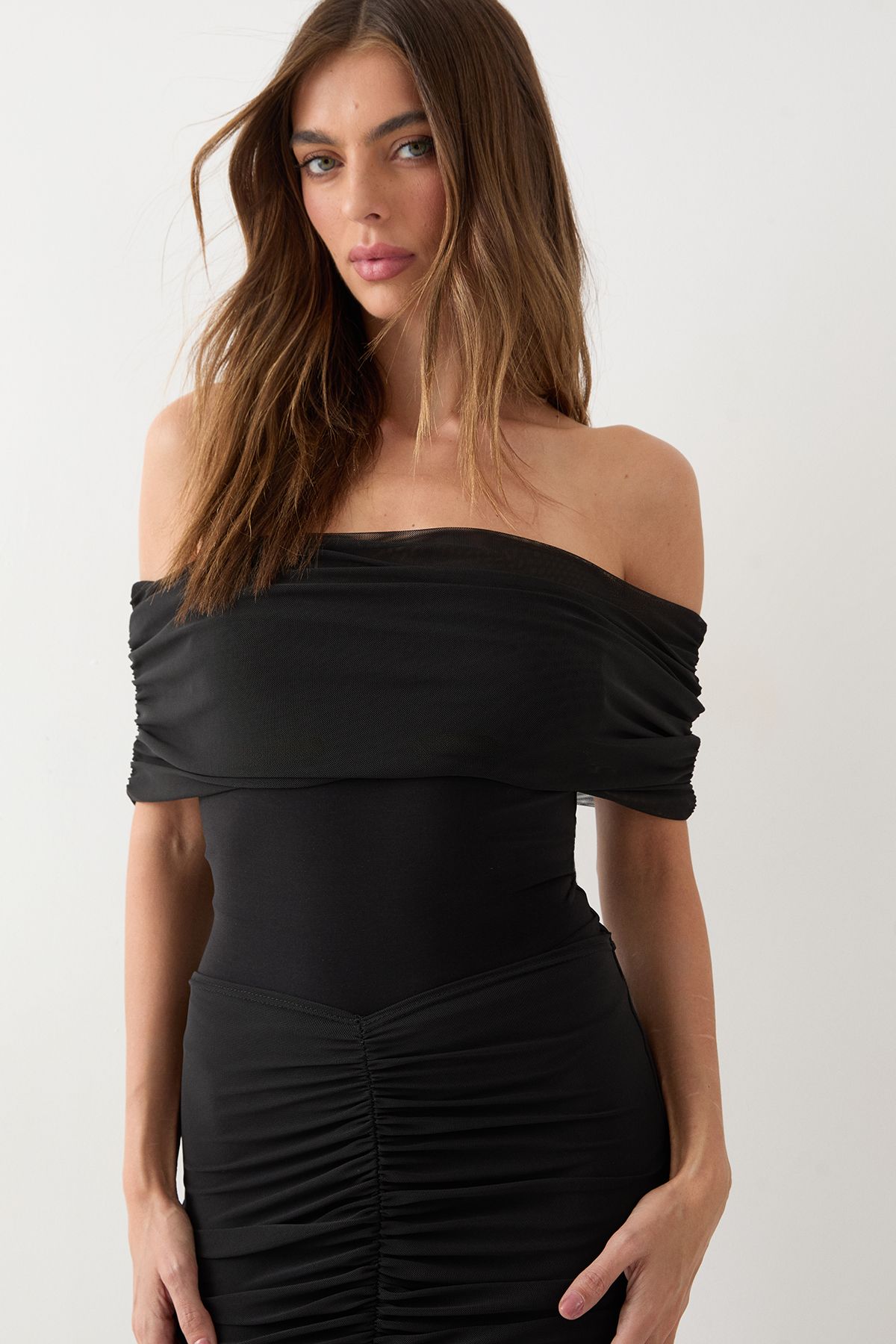 MissPap Off Shoulder Mesh Overlay Maxi Dress Black image 4