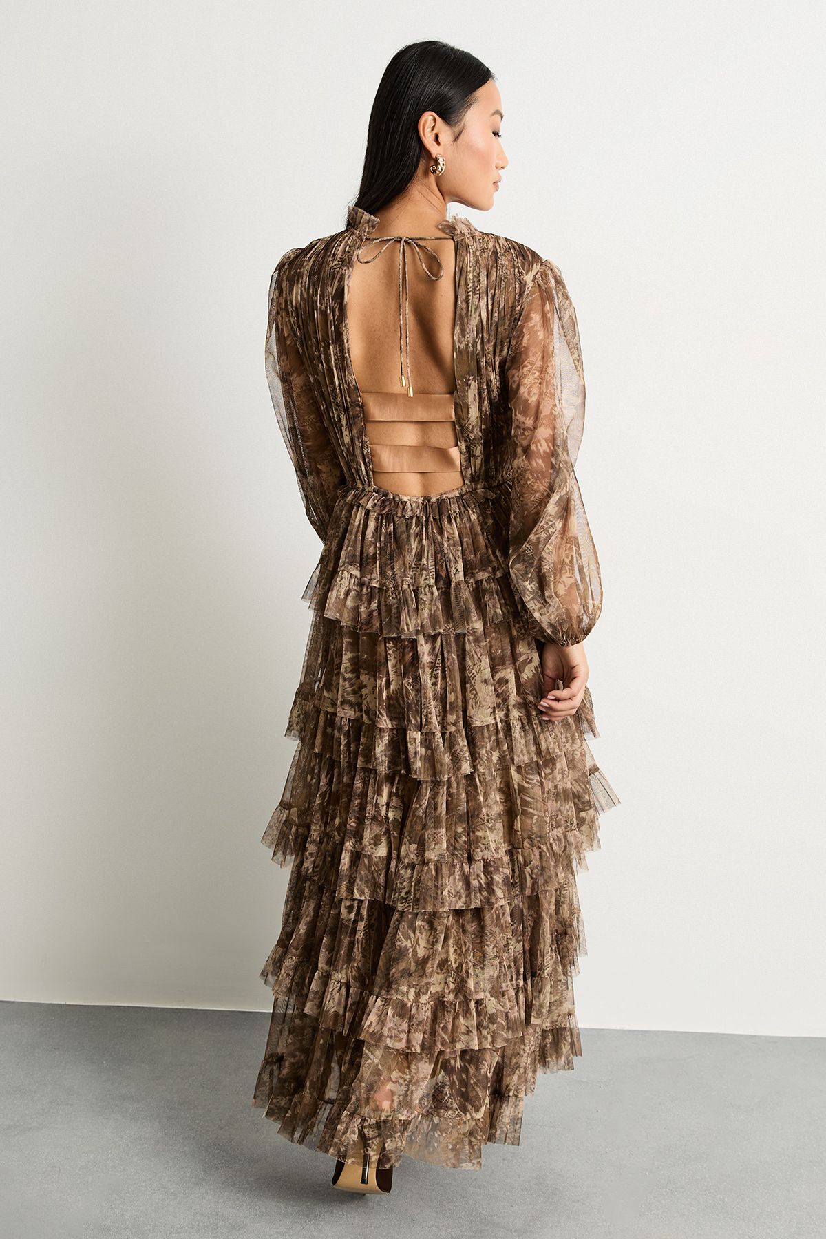 Warehouse Petite Ruffle Neck Tulle Maxi Dress Multi image 3