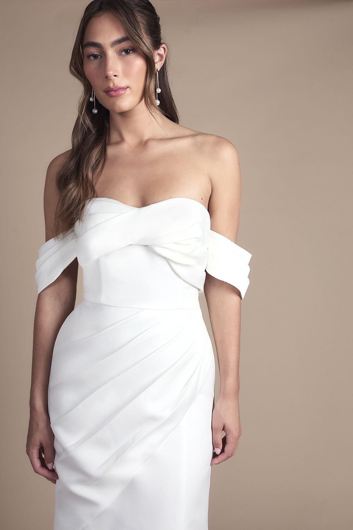 Coast Bardot Twist Structured Satin Maxi Wedding Dress with Fishtail Train White image 2