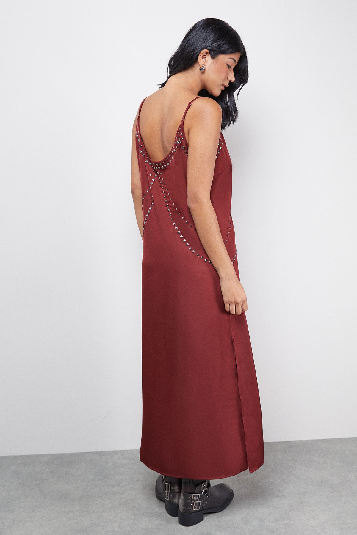 Warehouse Premium Stud Embellished Strappy Cami Slip Dress Burgundy image 3