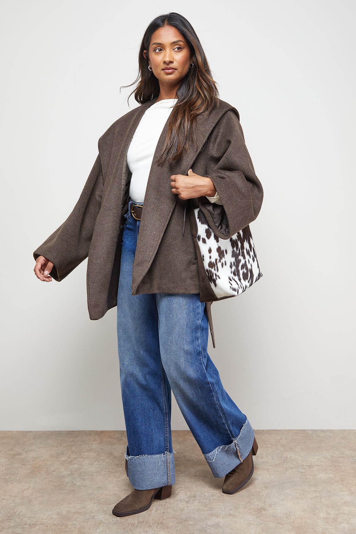 Oasis Hooded Cropped Belted Coat Chocolate image 2