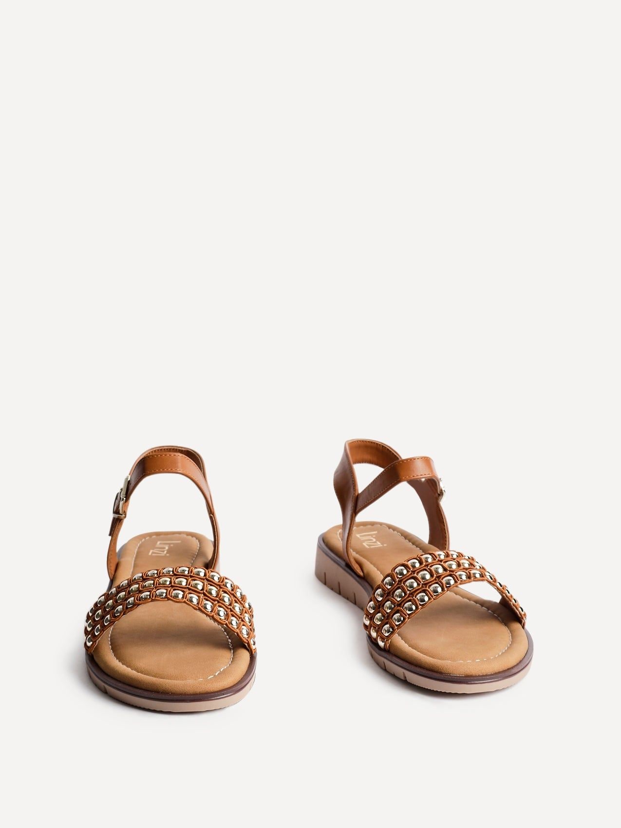 Linzi Electra Tan Faux Leather Studded Flat Sandals image 3