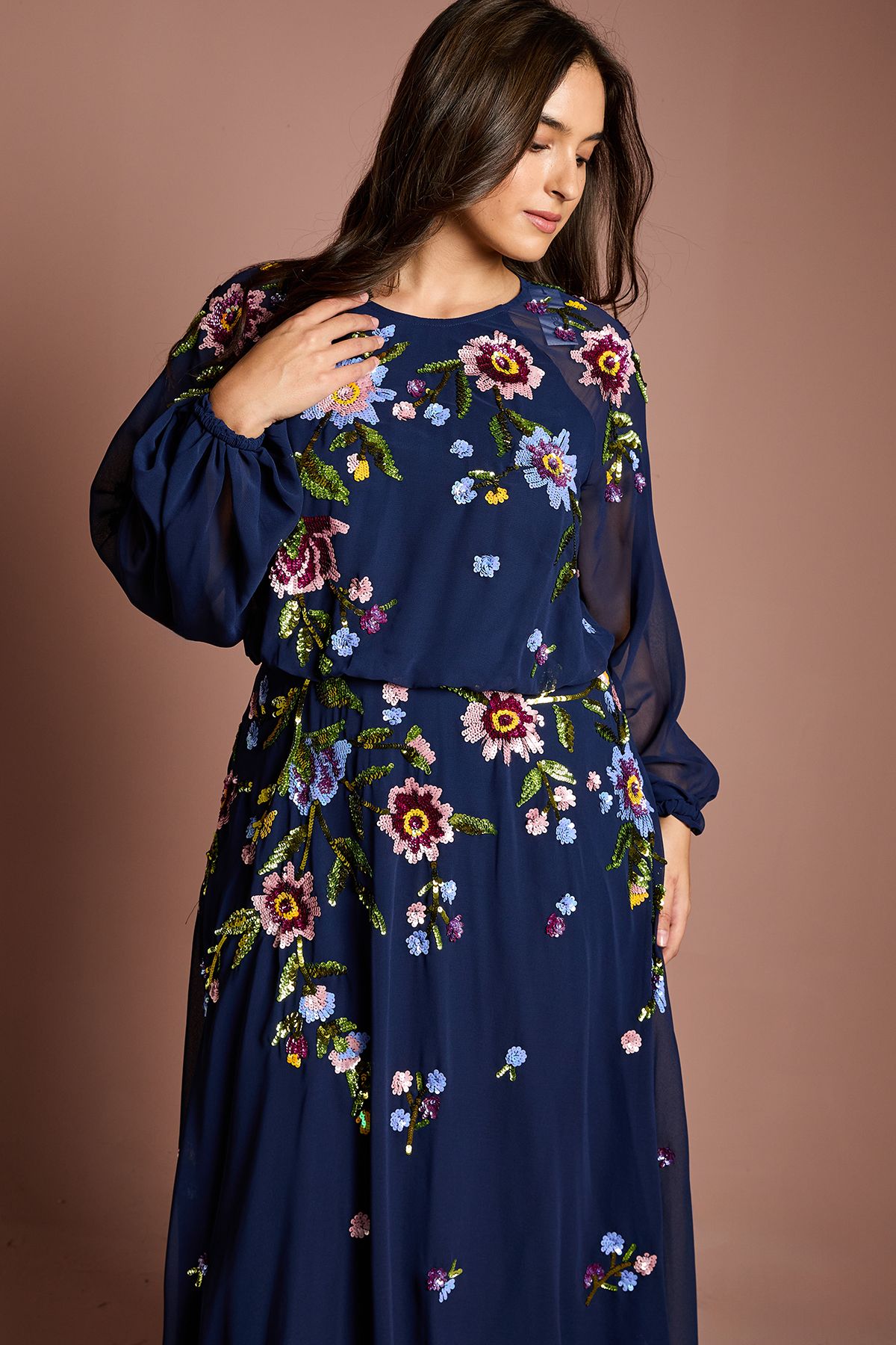 Coast Plus Size Long Sleeve Floral Embellished Sequin Midi Dress Navy image 4