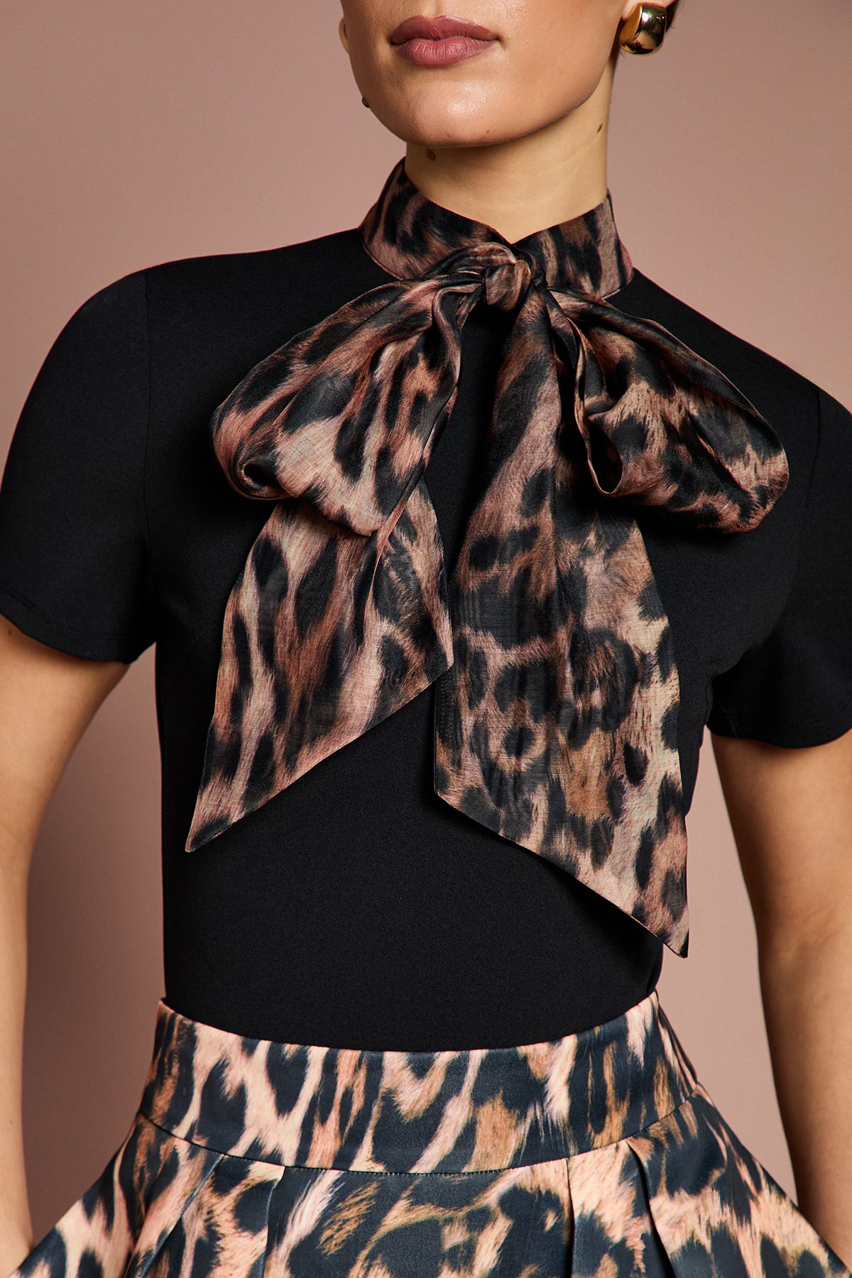 Coast Lisa Tan Short Sleeve Bodysuit With Leopard Tie Neck Black image 2