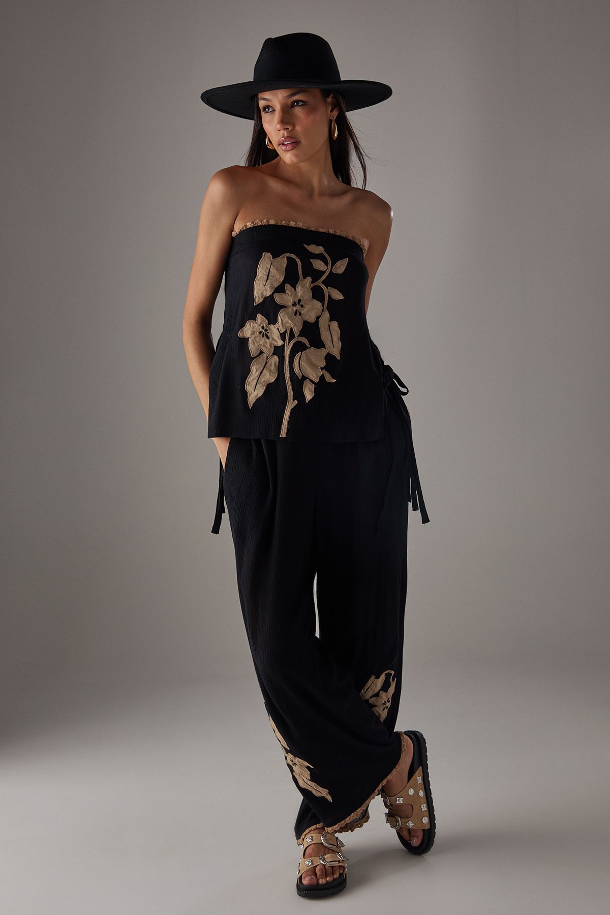 Warehouse HCD Cheesecloth Embroidered Bandeau Top Black image 2