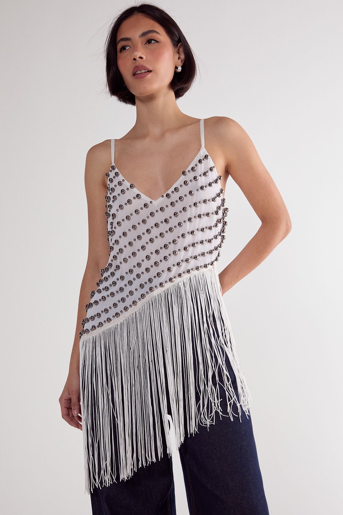 NastyGal Studded Asymmetric Fringed Cami Top White image 2