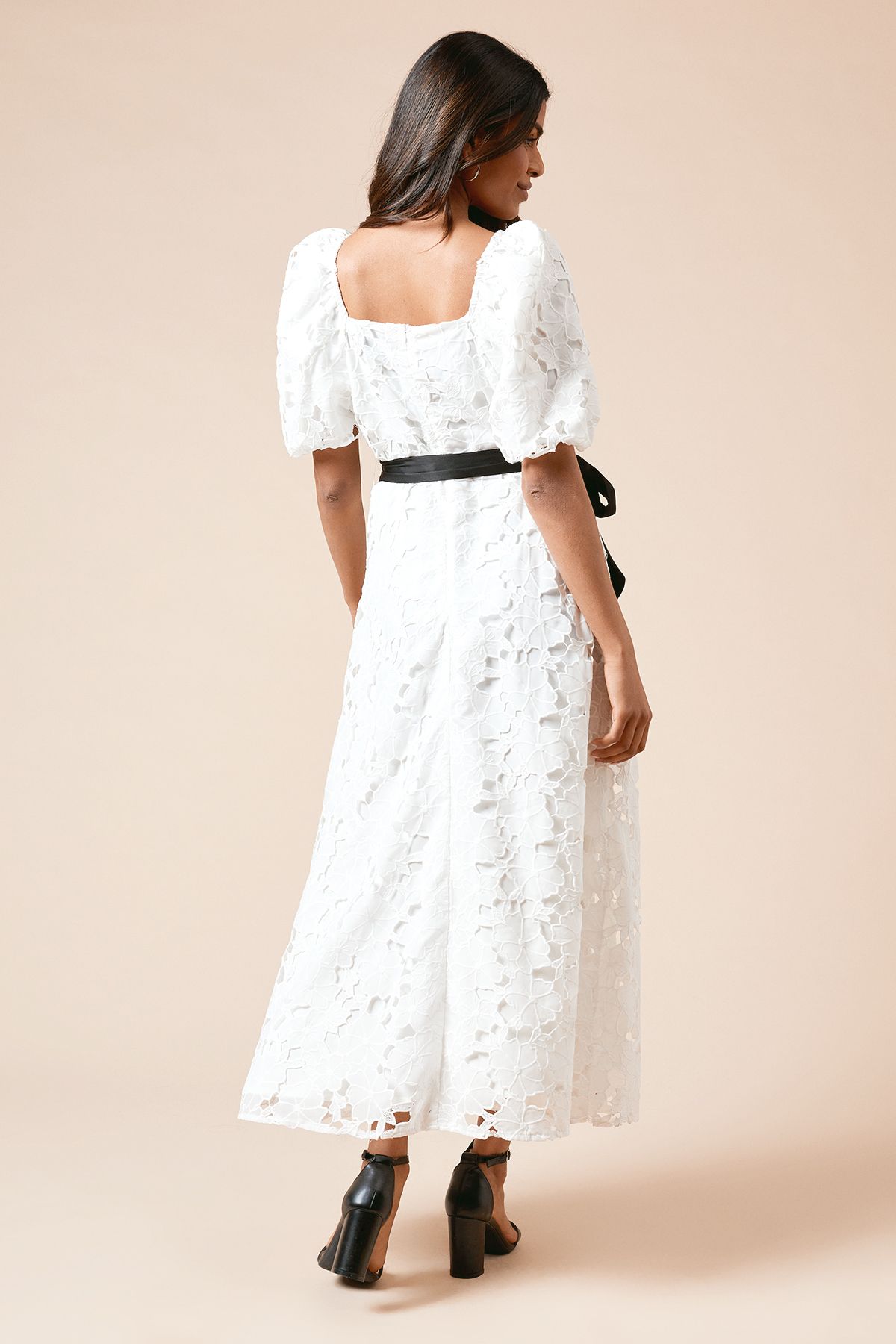 Dorothy Perkins Petite DP Luxe Cutwork Lace Contrast Belt Midi Dress White image 3