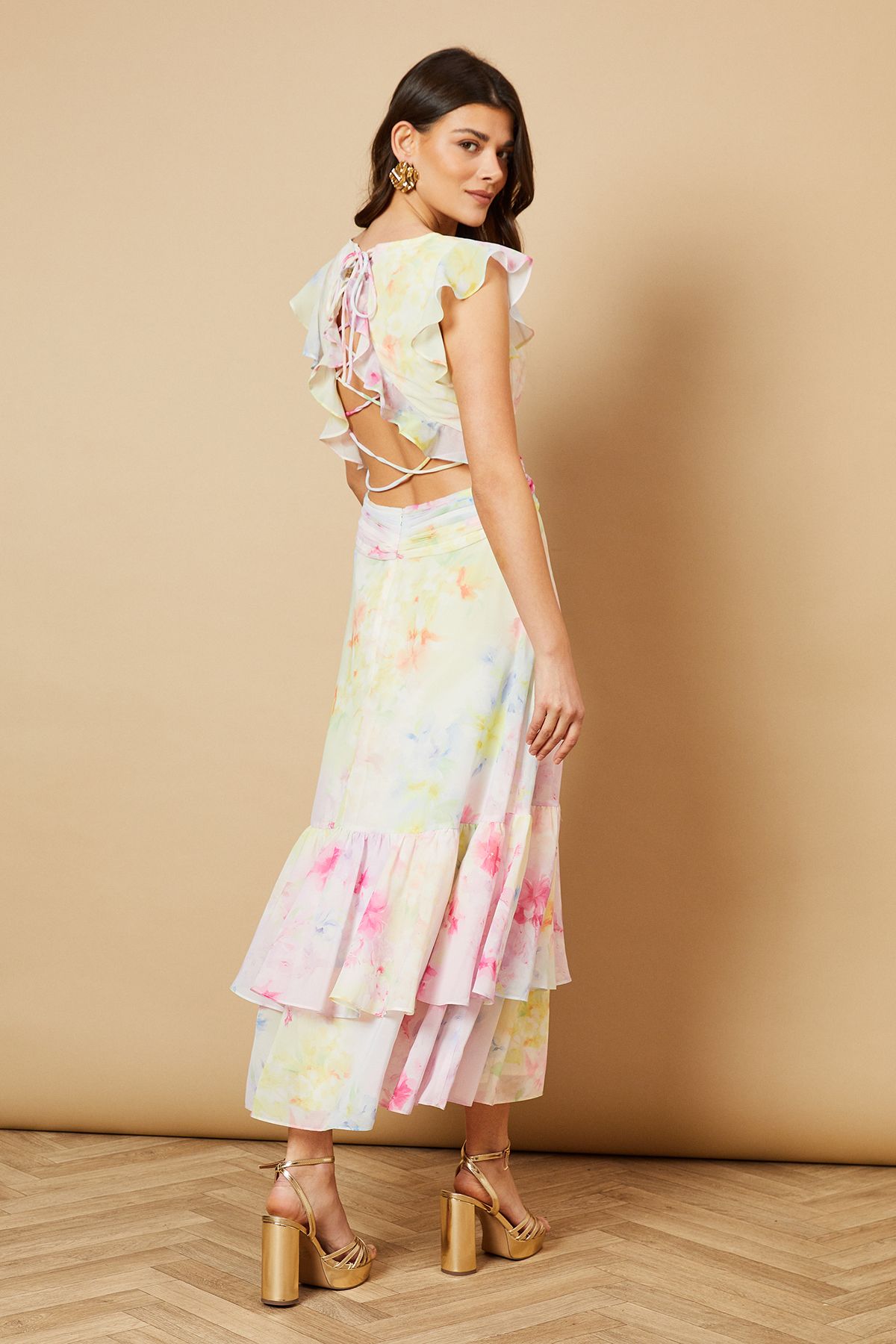 Oasis Printed Twist Front Detail Tiered Midi Dress Multi image 3