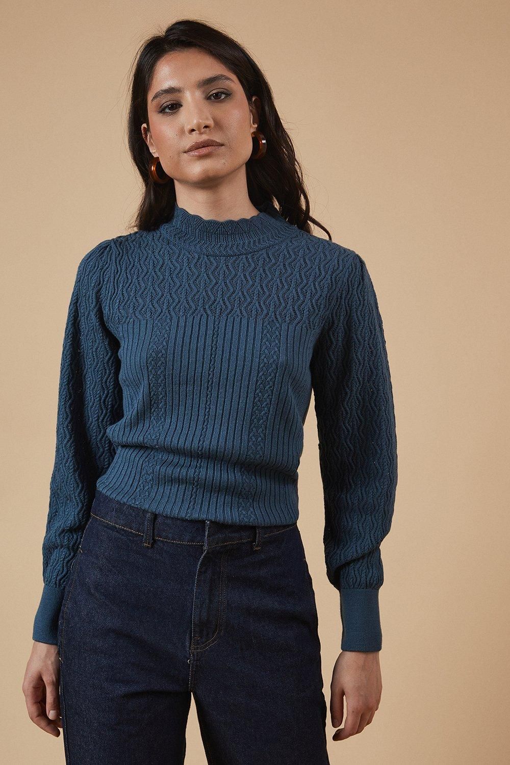 Oasis Pointelle Scallop High Neck Jumper Denim image 1