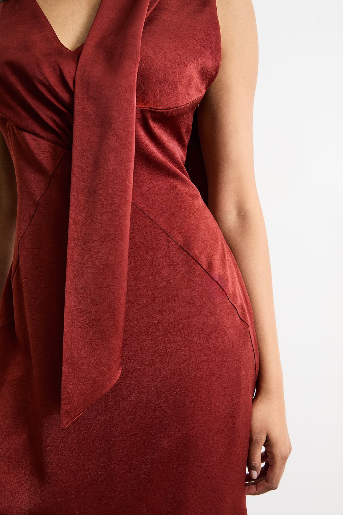 Warehouse Plain Scarf Detail Tie Neck Maxi Dress Rust image 4