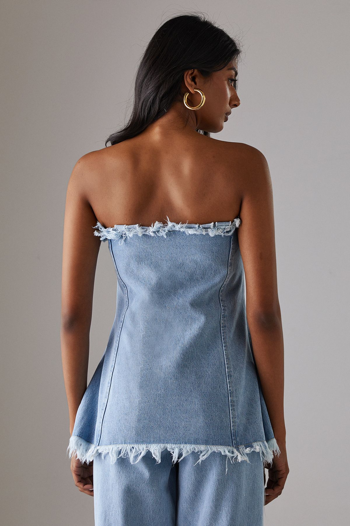 Warehouse Fray Detail Denim Bandeau Top Light Wash image 3