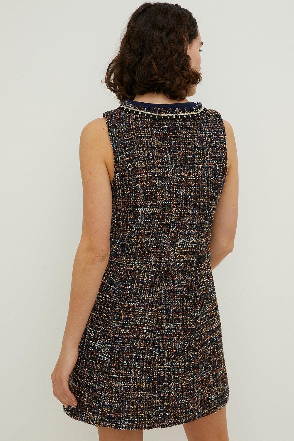 Oasis Tweed Trimmed Button Through Mini Dress Navy image 3