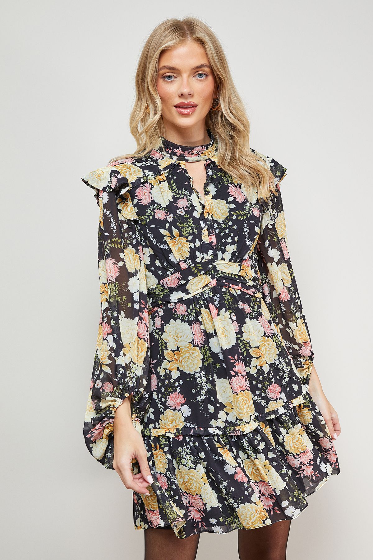 Oasis Printed Ruched High Neck Mini Fit And Flare Dress Multi image 2