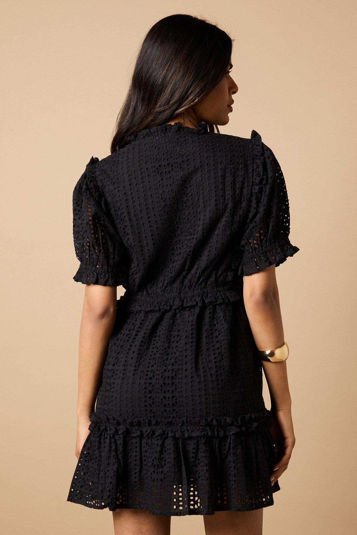 Oasis Petite Broderie Frill Detail Button Down Mini Dress Black image 3