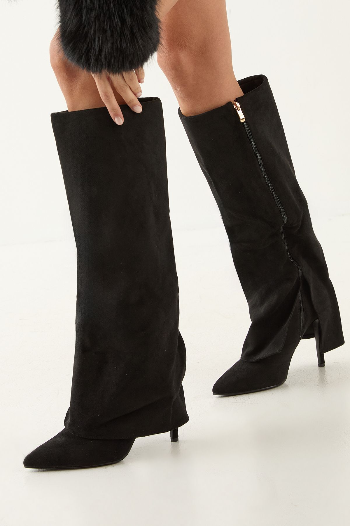 MissPap Faux Suede Sleeve Pointed High Stiletto Heel Knee Boots Natural Black image 4