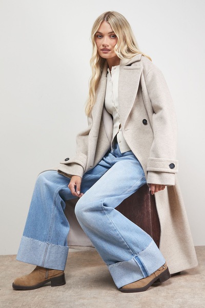 Oasis Brushed Relaxed Reefer Coat Stone