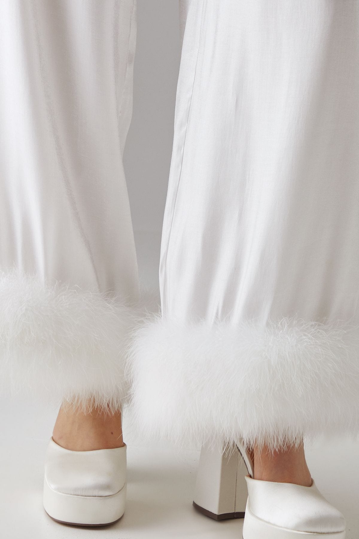 Warehouse Premium Iridescent Feather Cuff Wide Leg Trousers Ivory image 4