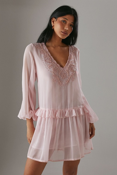 Warehouse Hand Embellished Chiffon Sequin Mini Smock Dress Pale Pink
