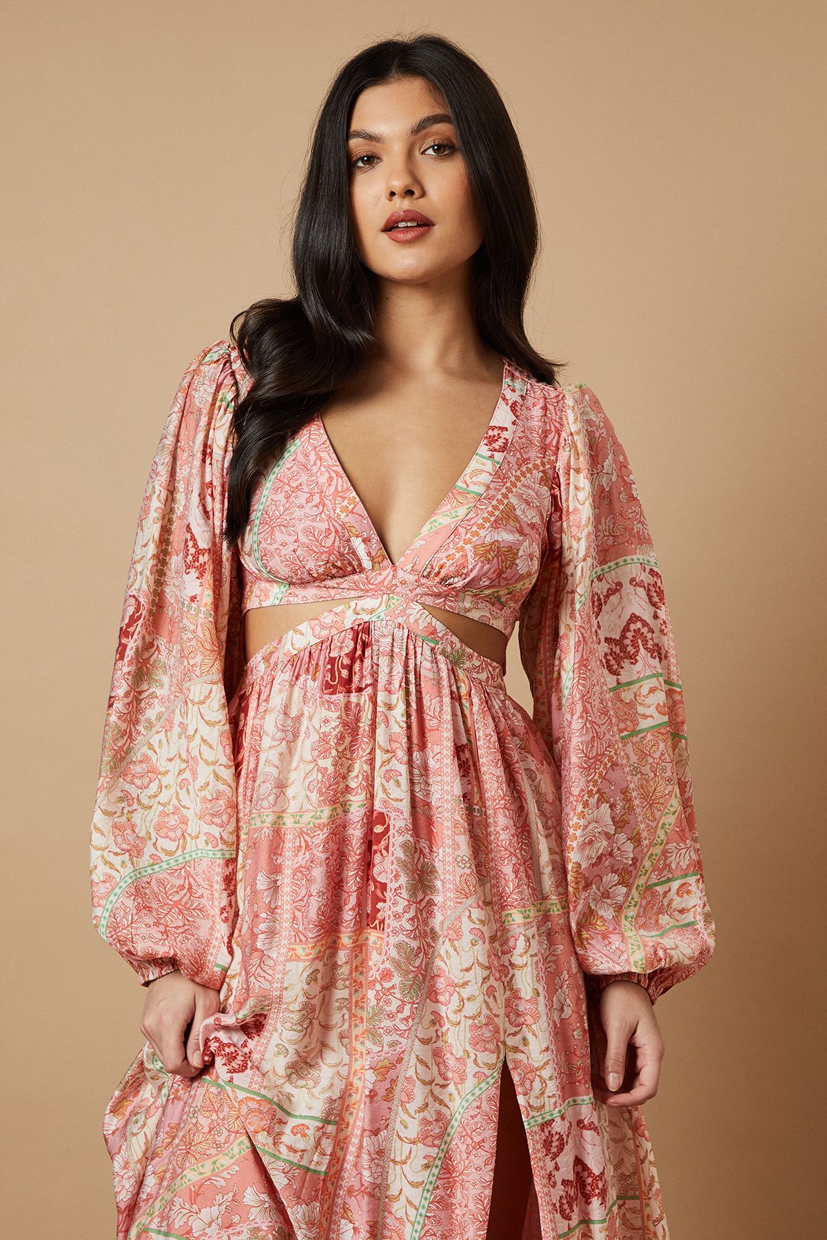 Oasis Printed Long Sleeve Cut Out Side Detail Maxi Dress Pink image 5