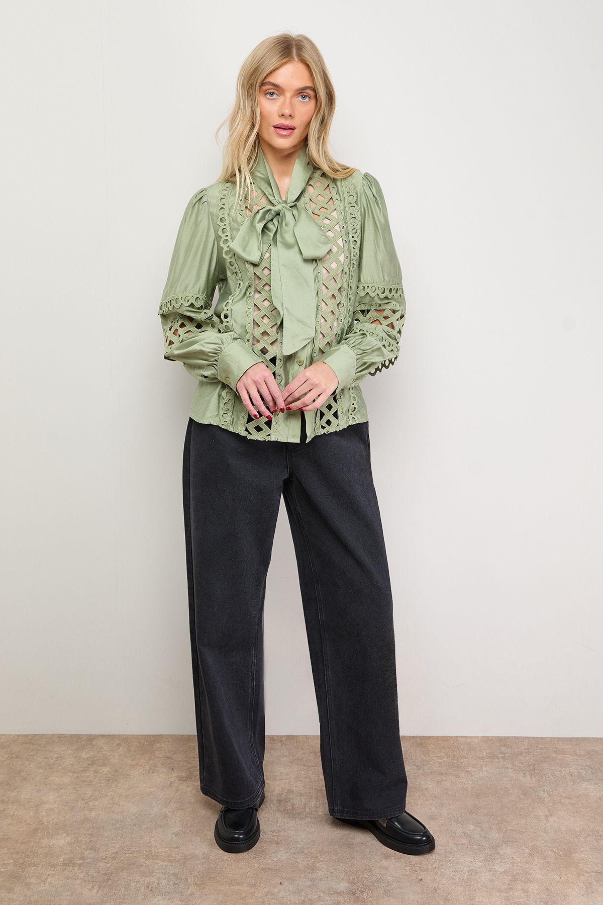 Oasis Cut Out Trim Detail Tie Neck Button Down Blouse Khaki image 4