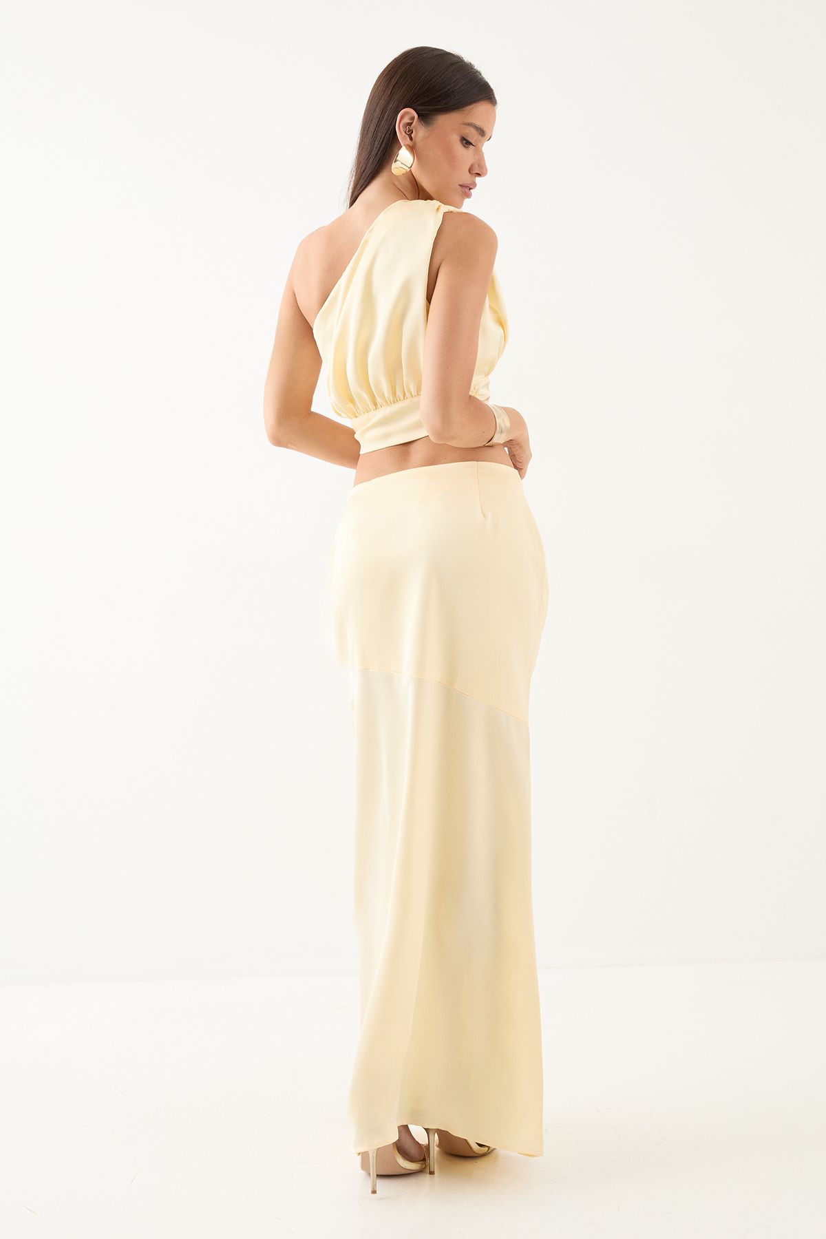 MissPap Satin One Shoulder Top & Maxi Skirt Co-ord Yellow image 3