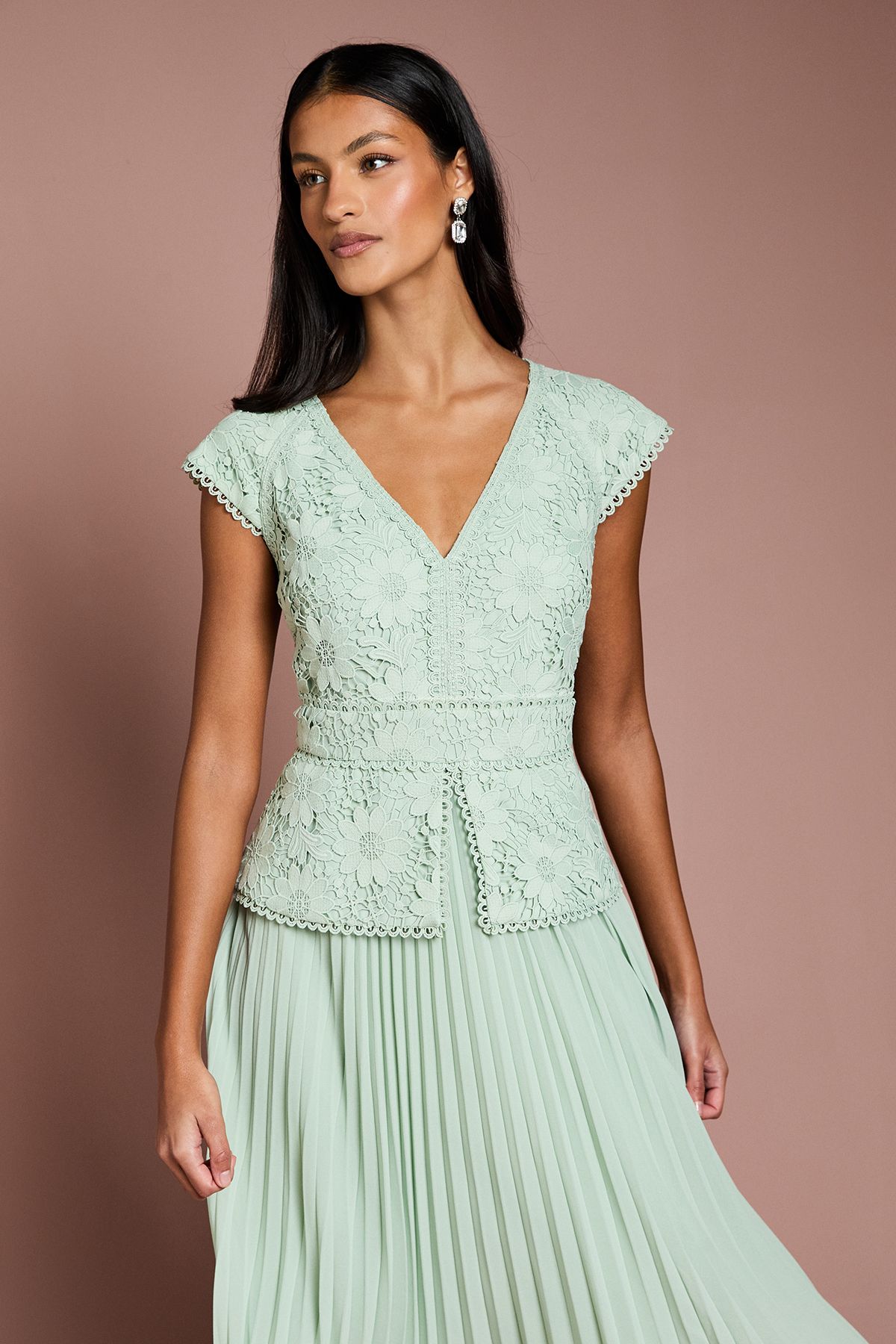Coast Petite V Neck Lace Bodice Peplum Midi Dress Sage image 2