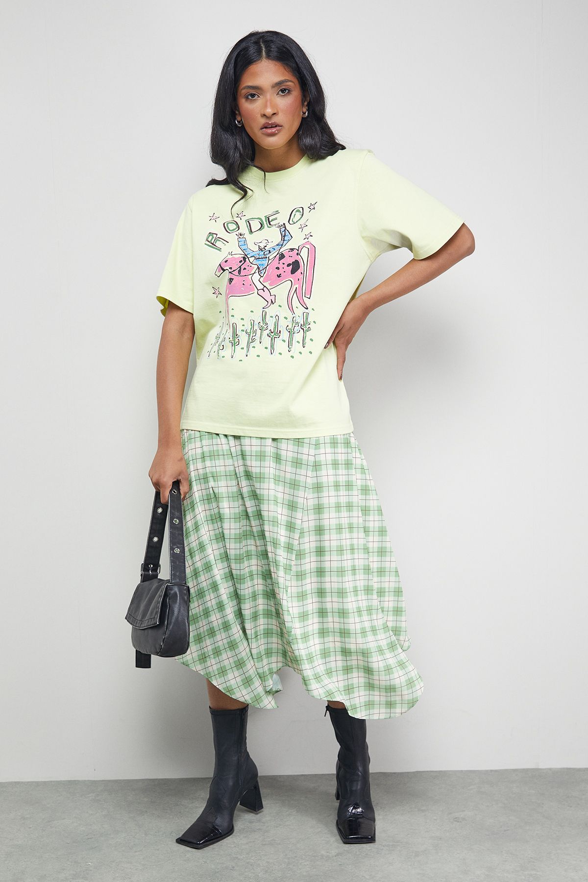 Warehouse Tony Check Chiffon Asymmetric Midi Skirt Green image 2