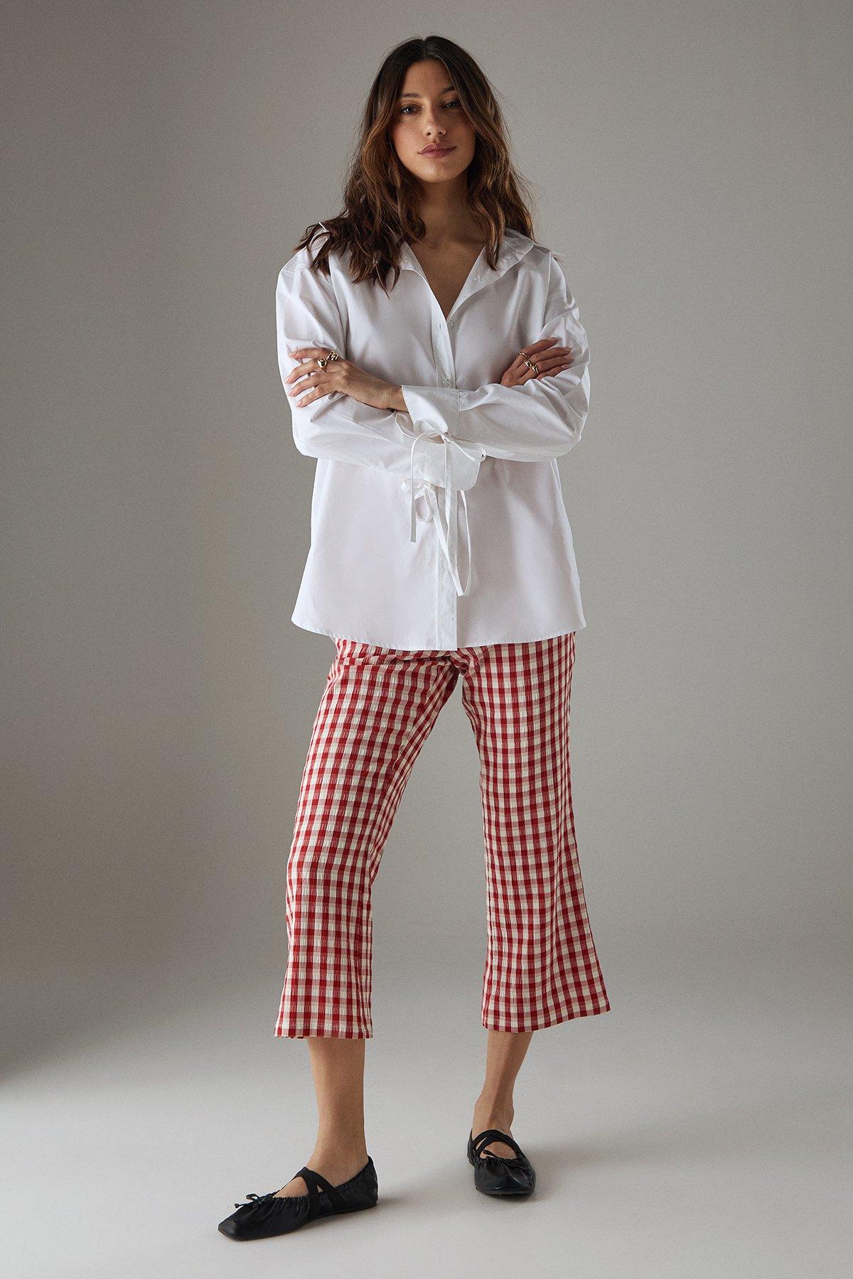Warehouse Gingham High Waisted Cropped Trousers Red image 1