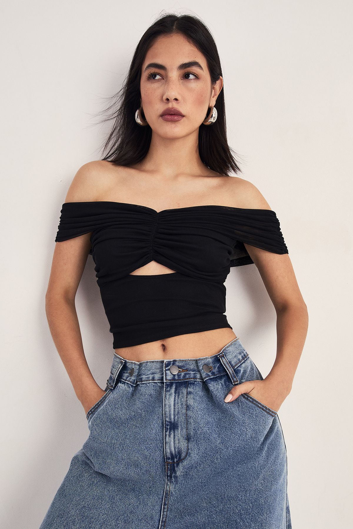 NastyGal Ruched Bardot Cut Out Top Black image 1