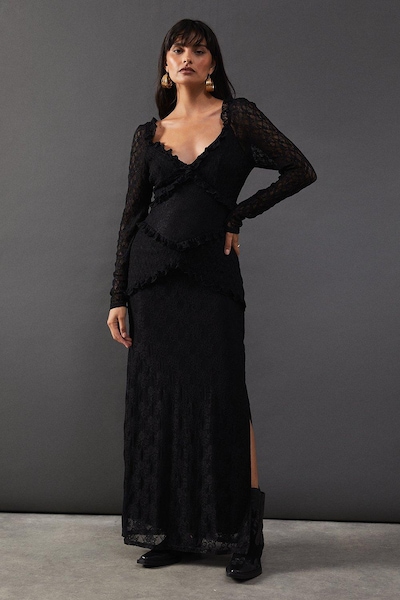 Warehouse Mixed Lace Sweetheart Neck Maxi Dress Black