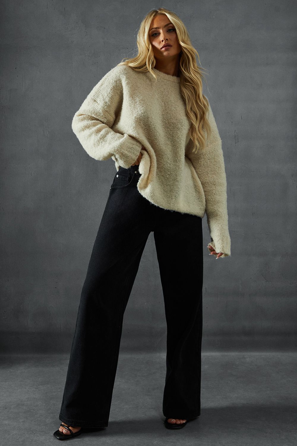 MissPap Knitted Crew Neck Oversized Jumper Oatmeal image 2