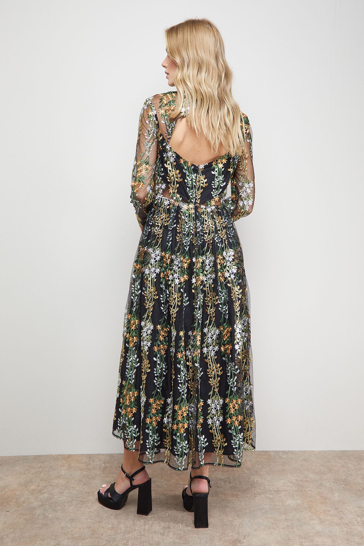 Oasis Floral Ruffle Open Back Long Sleeve Midi Dress Multi image 3