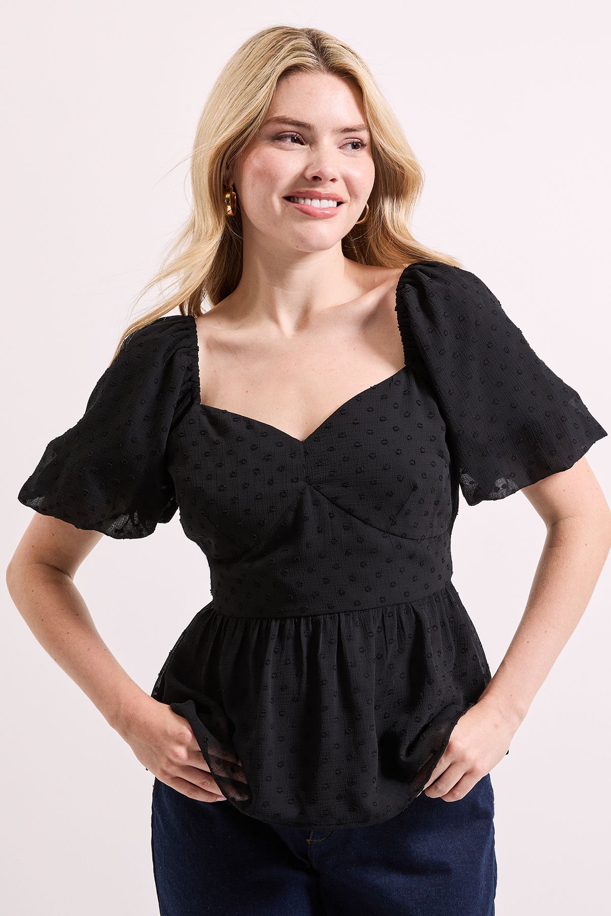 Dorothy Perkins Sweetheart Tie Back Puff Sleeve Top Black image 2