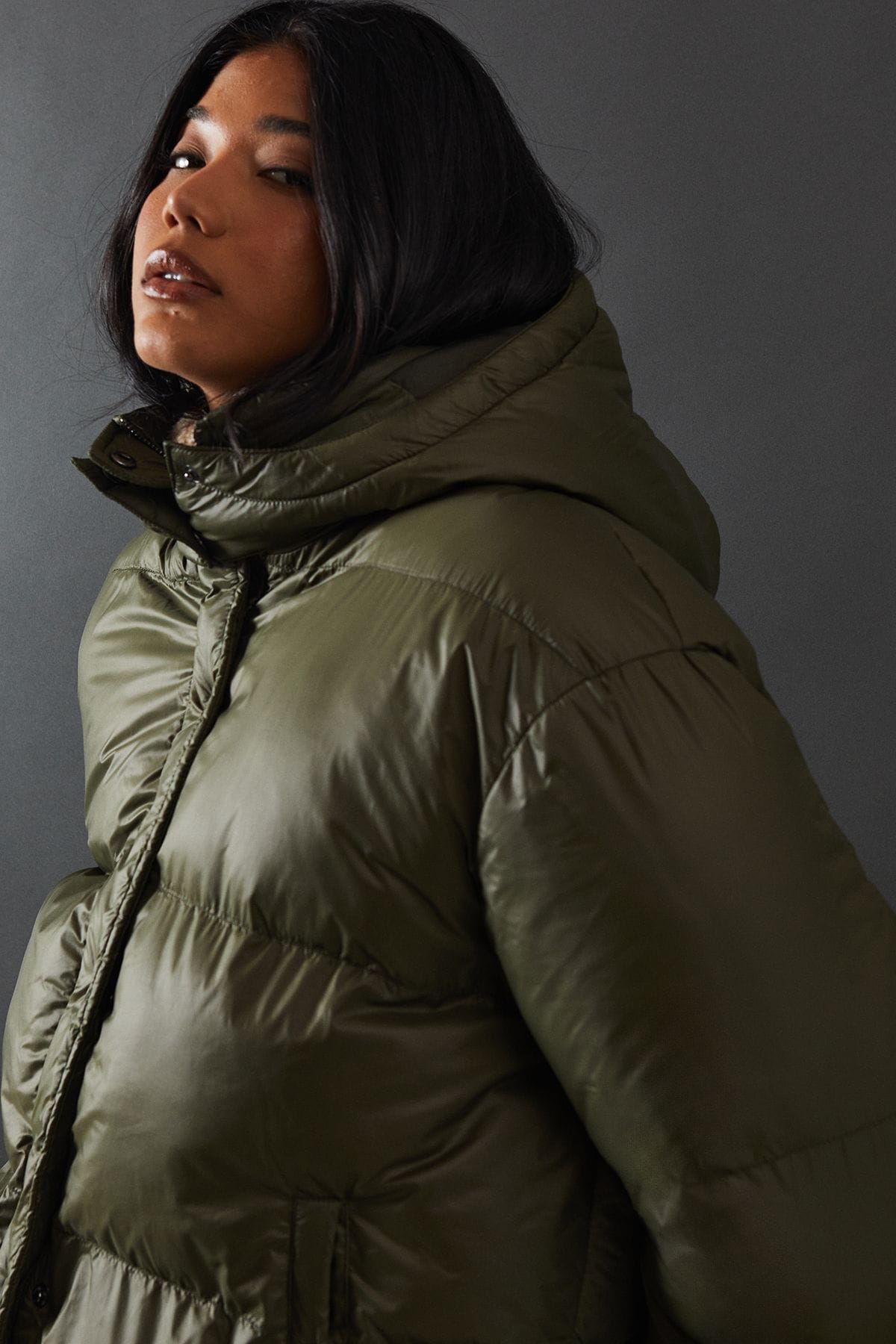 Warehouse Shiny Padded Puffer Coat Khaki image 2