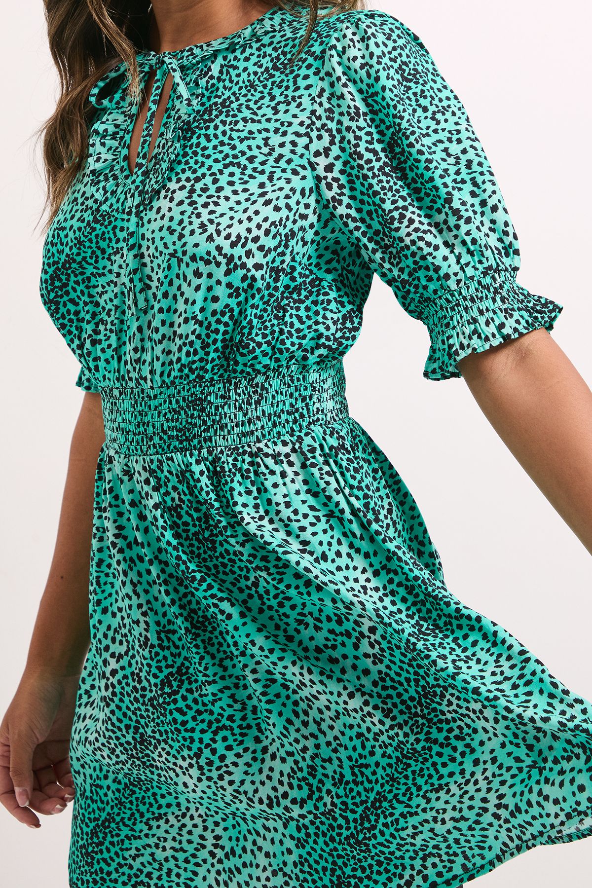 Dorothy Perkins Blue Animal Shirred Waist Tie Neck Mini Dress Animal image 5