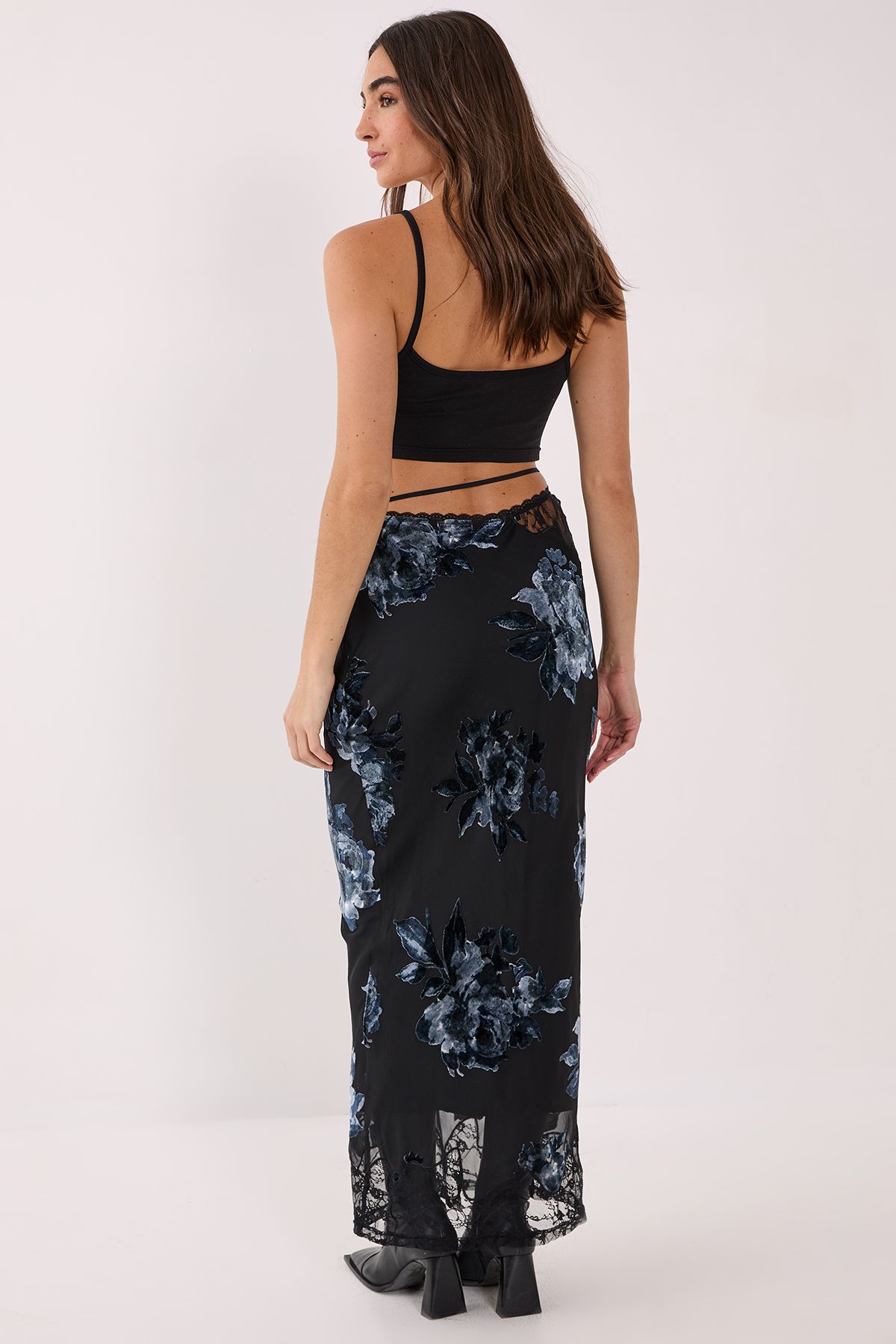 NastyGal Floral Devore Lace Cut Out Tie Waist Maxi Skirt Black image 3