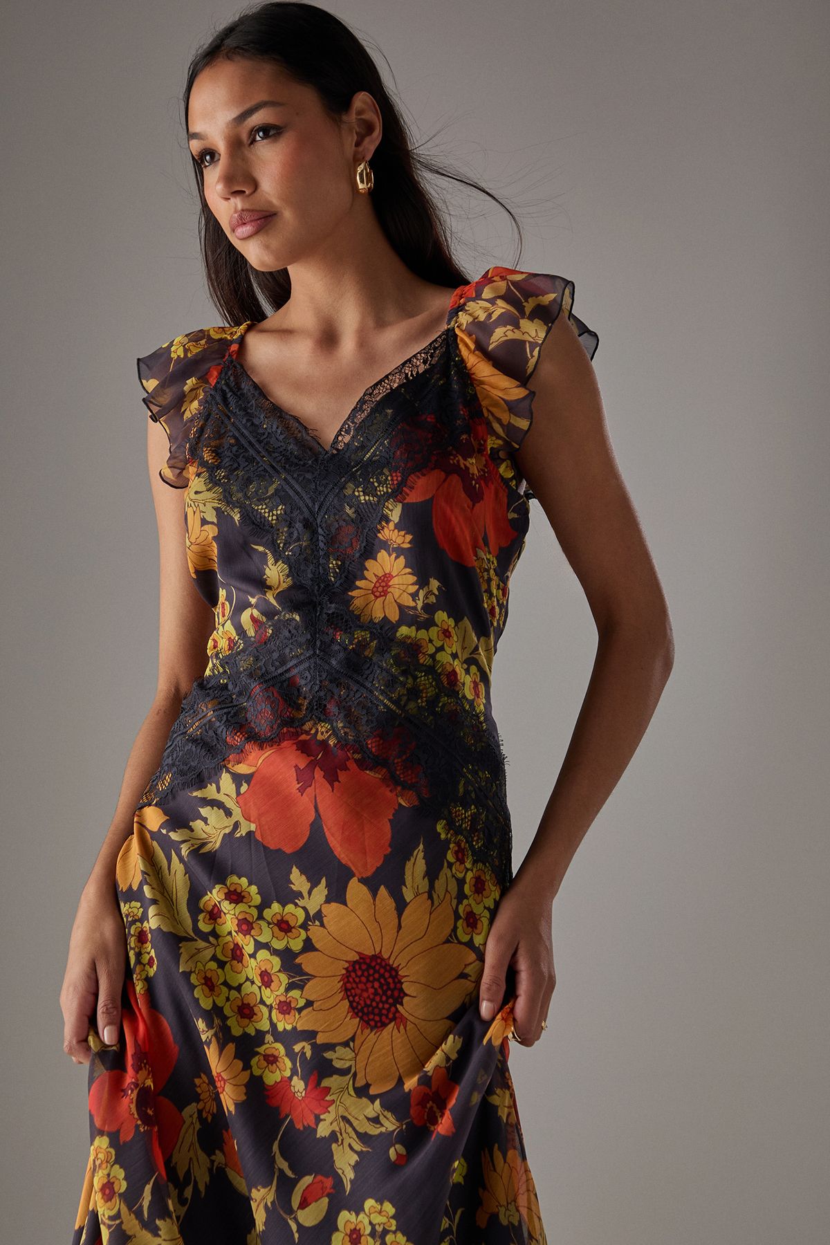 Warehouse HCD Chiffon Lace Insert Frill Sleeve Midi Dress Floral image 4