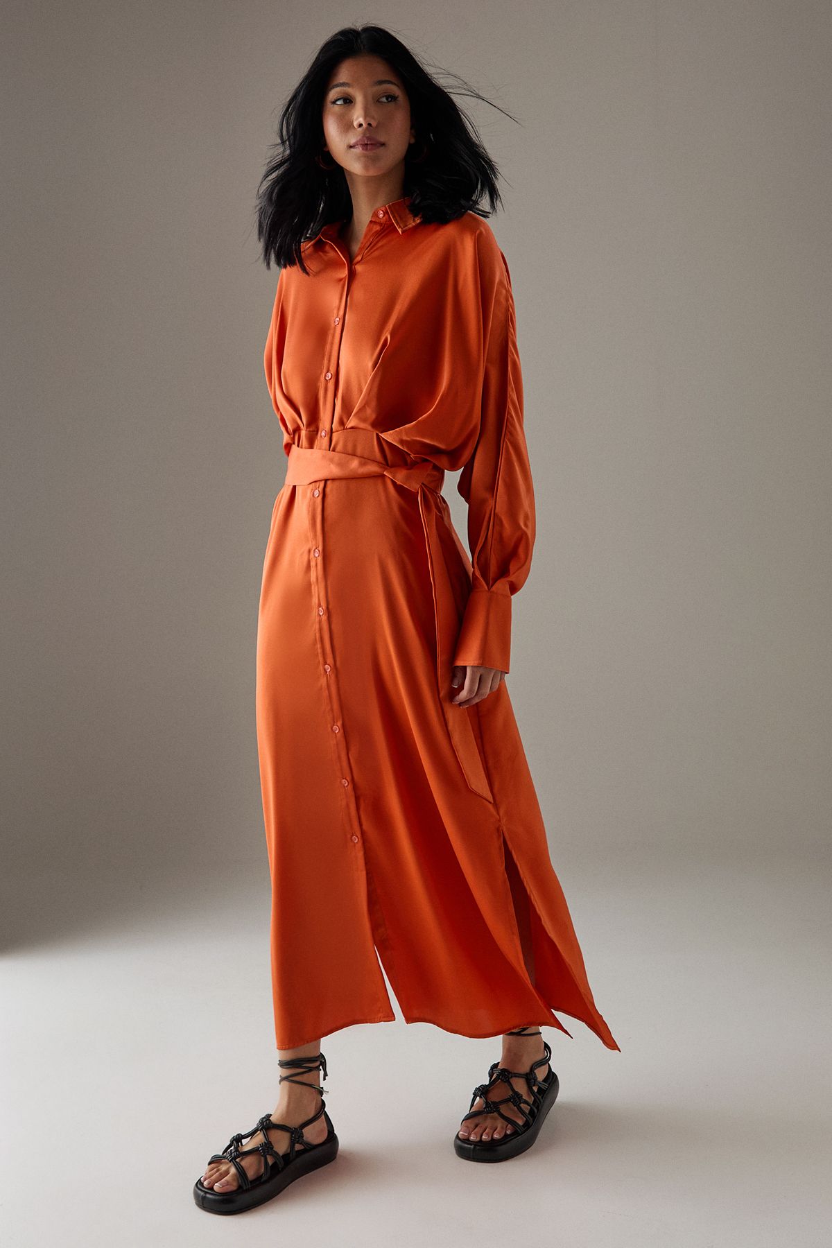 Warehouse Satin Batwing Split Side Midi Shirt Dress Orange image 2