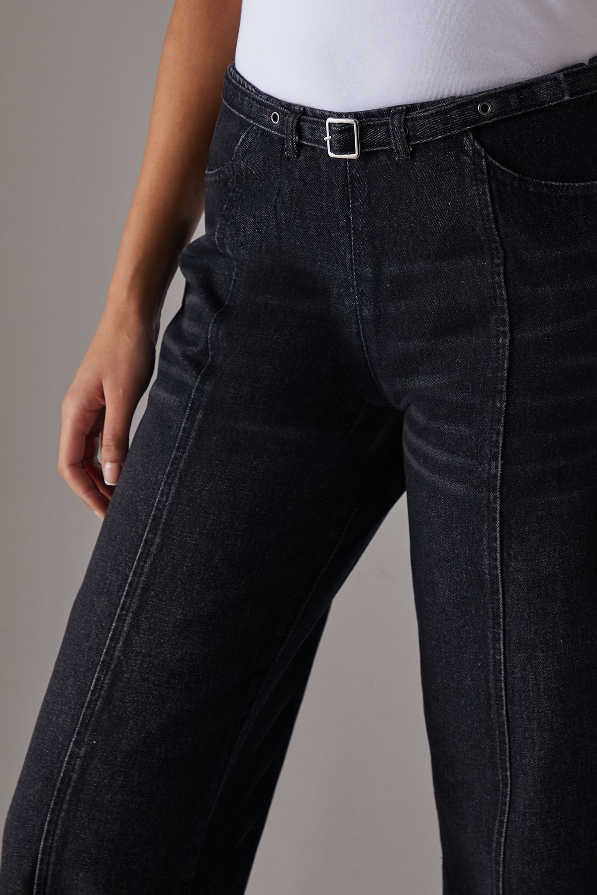 Warehouse Denim Low Rise Seam Detail Belted Wide Leg Jean Washed Black image 3