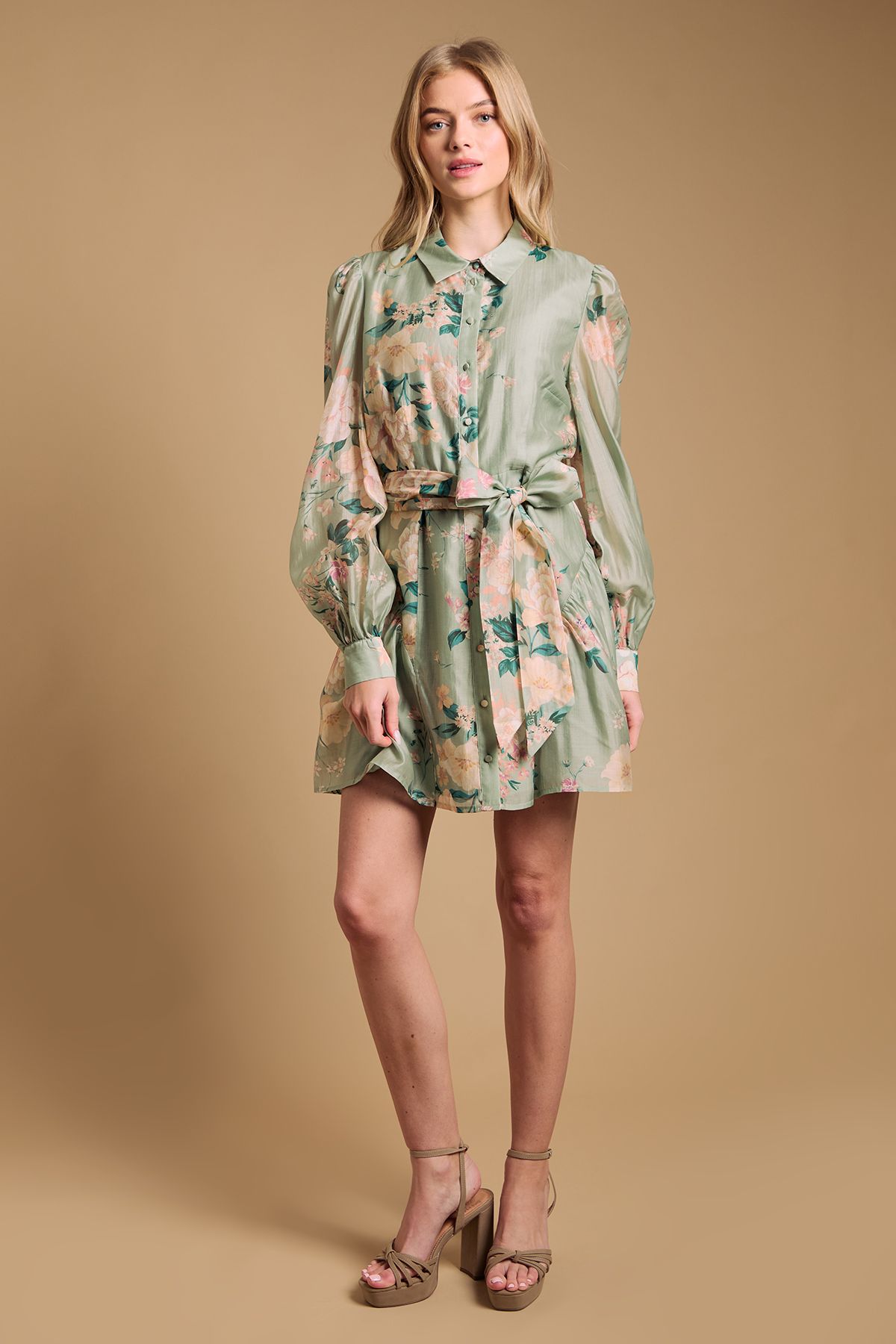 Oasis Belt Detail Volume Sleeve Shirt Dress Sage